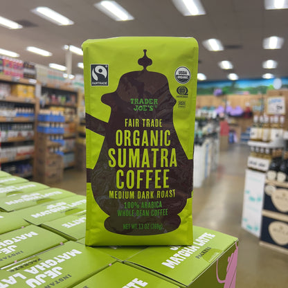Trader Joe's Fair Trade Organic Sumatra Coffee Medium Dark Roast 100% Arabica Whole Bean 13 oz