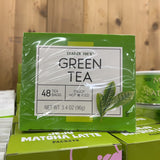 Trader Joe's Green Tea 48 Tea Bags 3.4 oz bright green box front, Enjoy Hot or Iced, Kosher Pareve U, 48 Tea Bags, Net Wt. 3.4 oz 96g, green tea leaf illustration