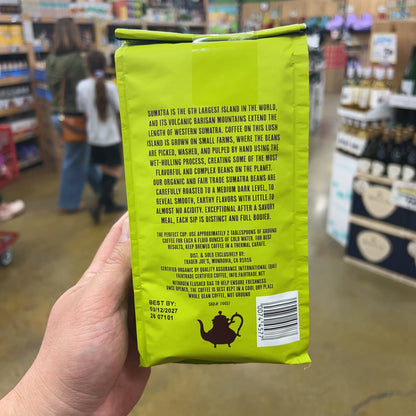 Trader Joe's Fair Trade Organic Sumatra Coffee Medium Dark Roast 100% Arabica Whole Bean 13 oz
