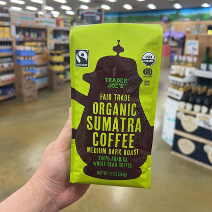 Trader Joe's Fair Trade Organic Sumatra Coffee Medium Dark Roast 100% Arabica Whole Bean 13 oz
