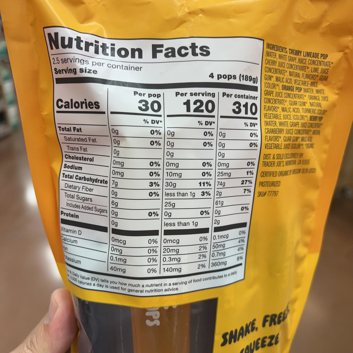 Trader Joe's Organic Freezer Pops 100% Juice — 10 Pops (Orange, Berry, Cherry Limeade)
