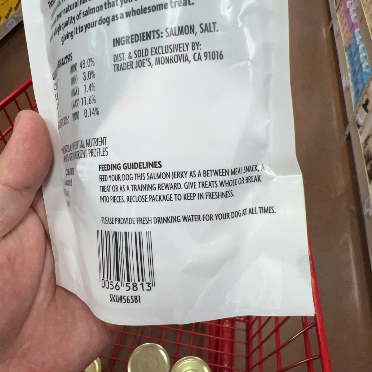 Trader Joe's Salmon Jerky Dog Treats — product label detail