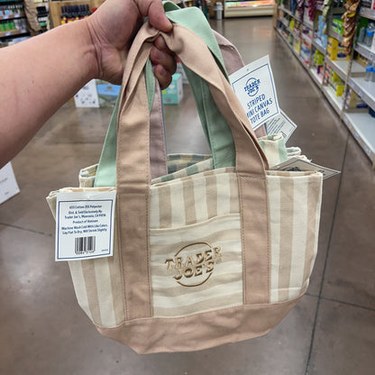 Trader Joe's Mini Pastel Striped Canvas Tote Bag Neutral Beige — Summer 2026 collection, delivered nationwide via HIOOL GOODS