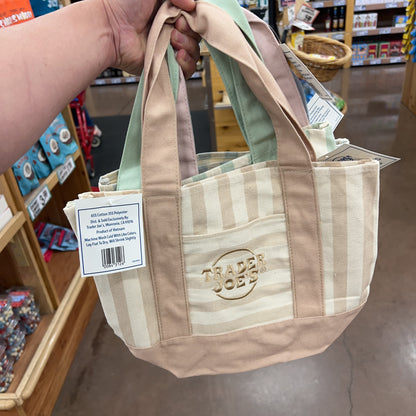Trader Joe's Mini Pastel Striped Canvas Tote Bag Neutral Beige — side view showing stripes, order Trader Joe's online
