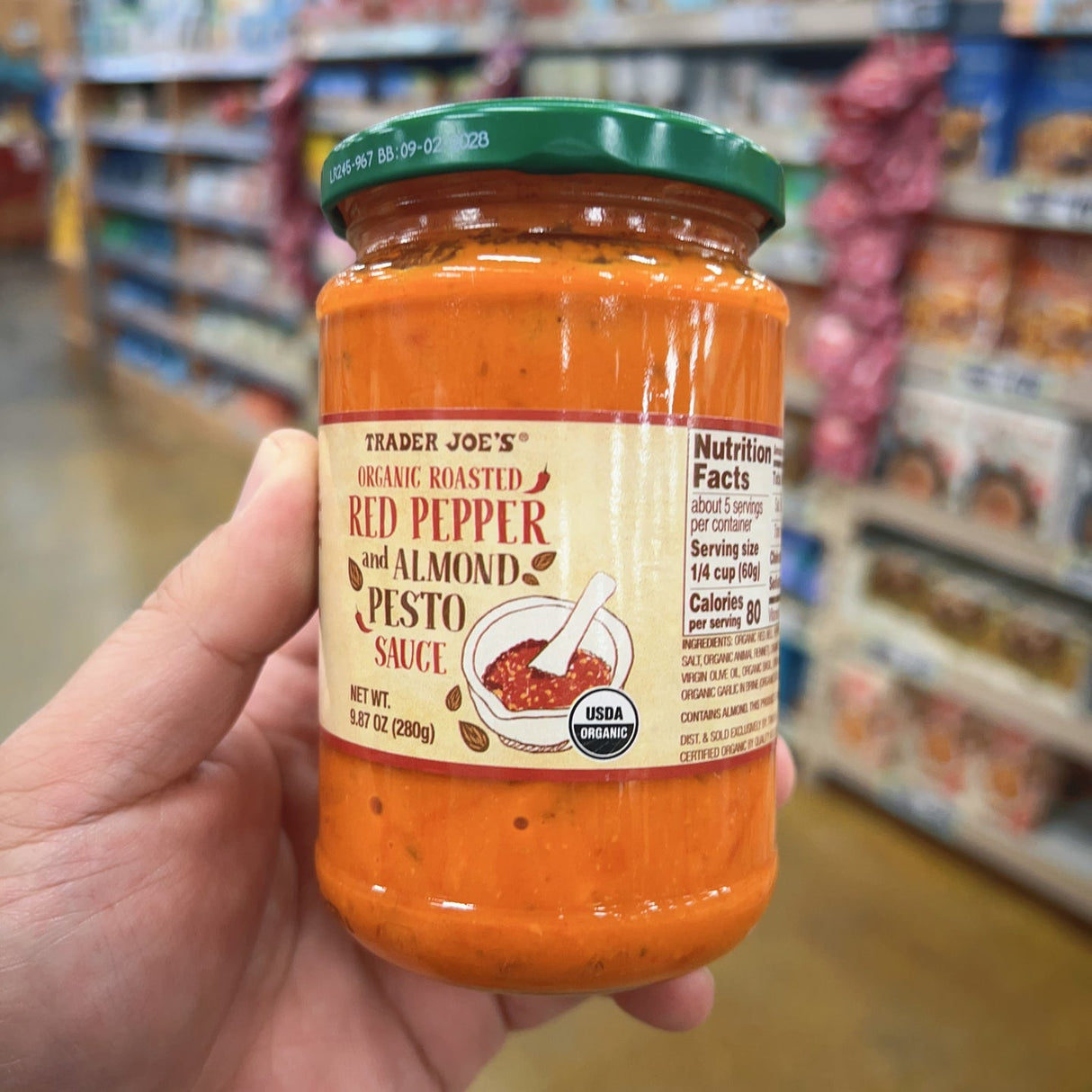 Trader Joe's Organic Roasted Red Pepper & Almond Pesto Sauce 9.87 oz (280g) | USDA Organic | Made in Italy