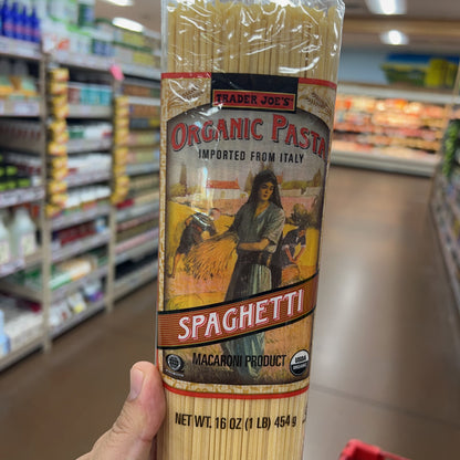 Trader Joe's Organic Pasta Spaghetti 16 oz front label — USDA Organic, Imported from Italy, Macaroni Product