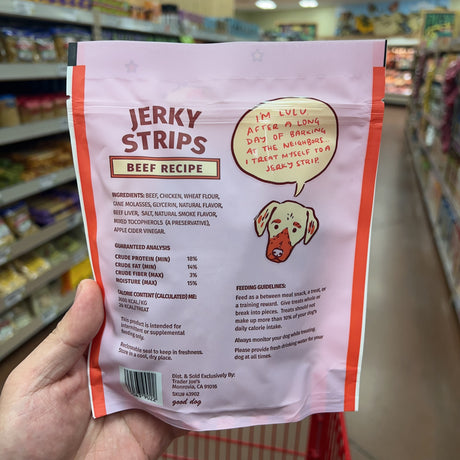 Trader Joe's Beef Jerky Strips Dog Treats — product label detail
