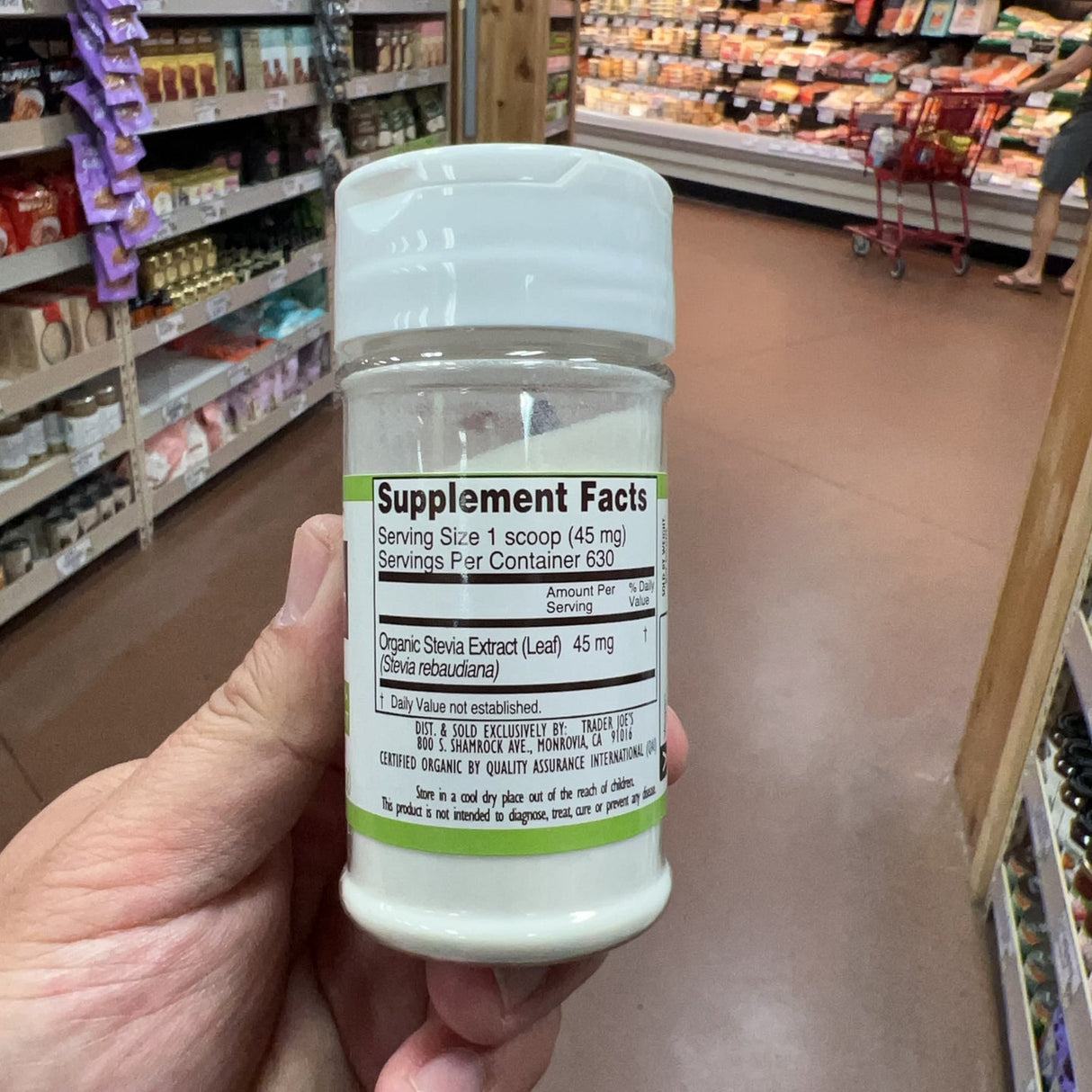 Trader Joe's Organic Stevia Extract Powder — ingredients and allergen info packaging detail