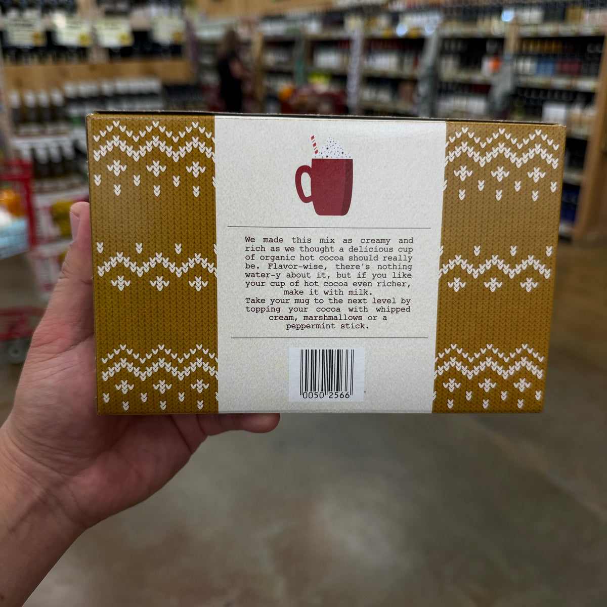 Back of Trader Joe's Organic Hot Cocoa Mix box with serving suggestions and a mug illustration.