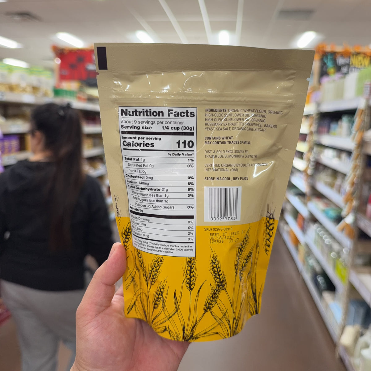 Back of Trader Joe's Organic Bread Crumbs pouch showing Nutrition Facts, ingredients and allergen information.