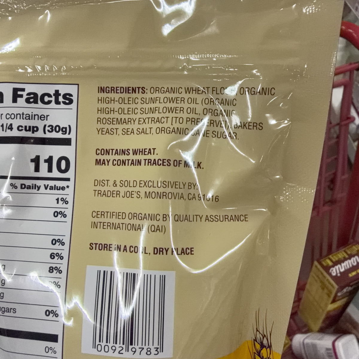 Trader Joe's Organic Bread Crumbs back-label close-up with ingredients, storage instructions and barcode.