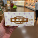 Front of Trader Joe's Ginger Lemon Herbal Tea box, 20 tea bags, 1 oz (28 g).