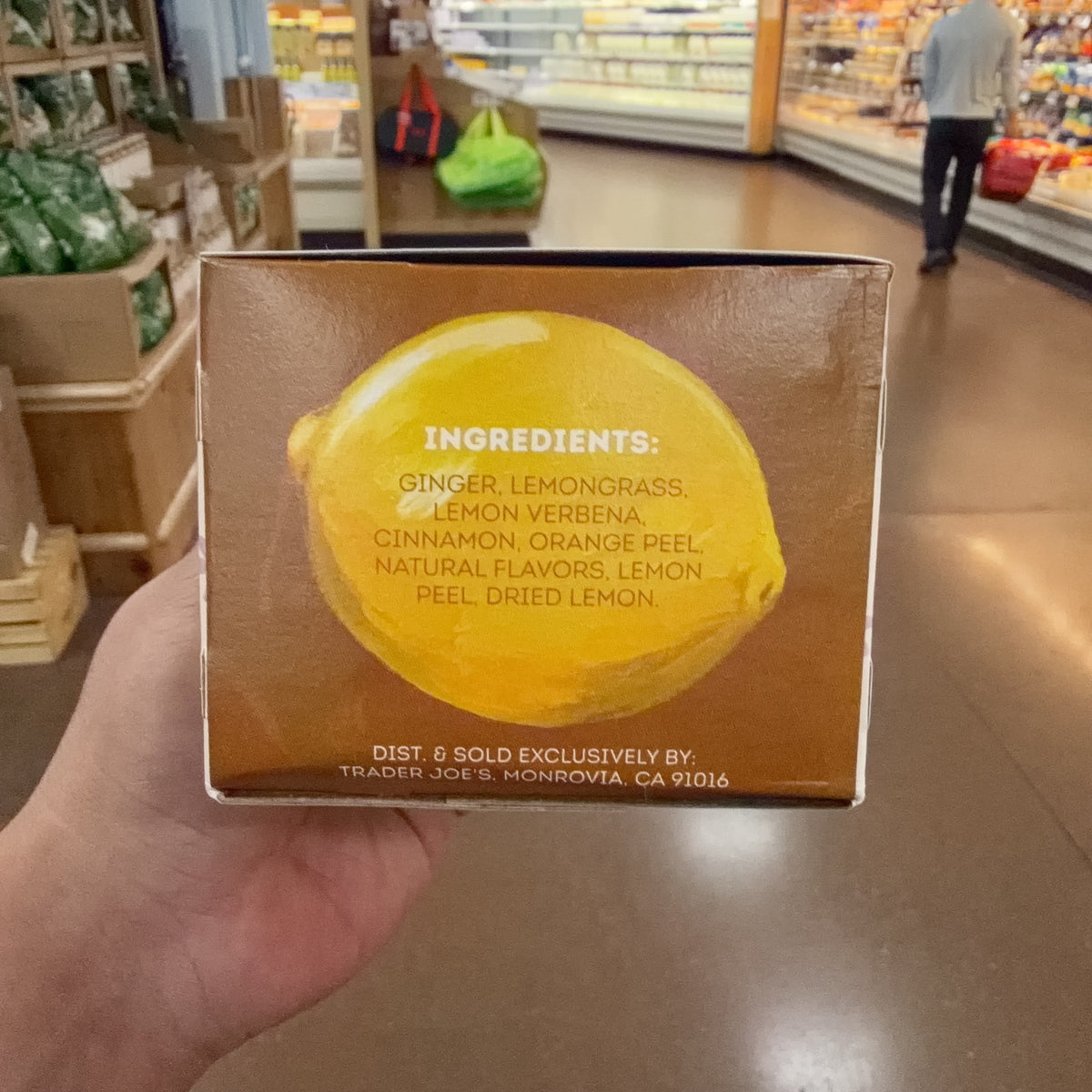 Ingredient panel on Trader Joe's Ginger Lemon Herbal Tea box.