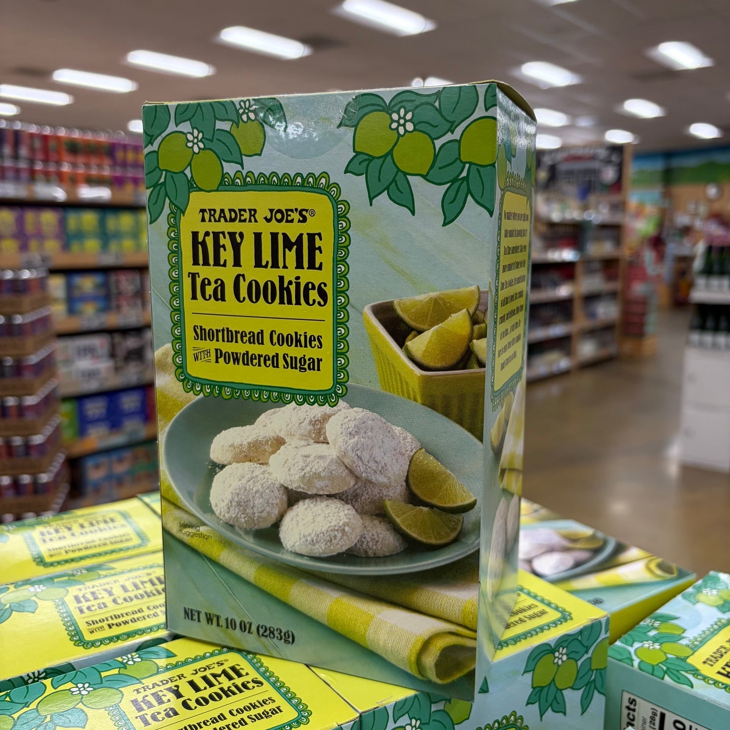 Trader Joe's Key Lime Tea Cookies packaging — light blue botanical box