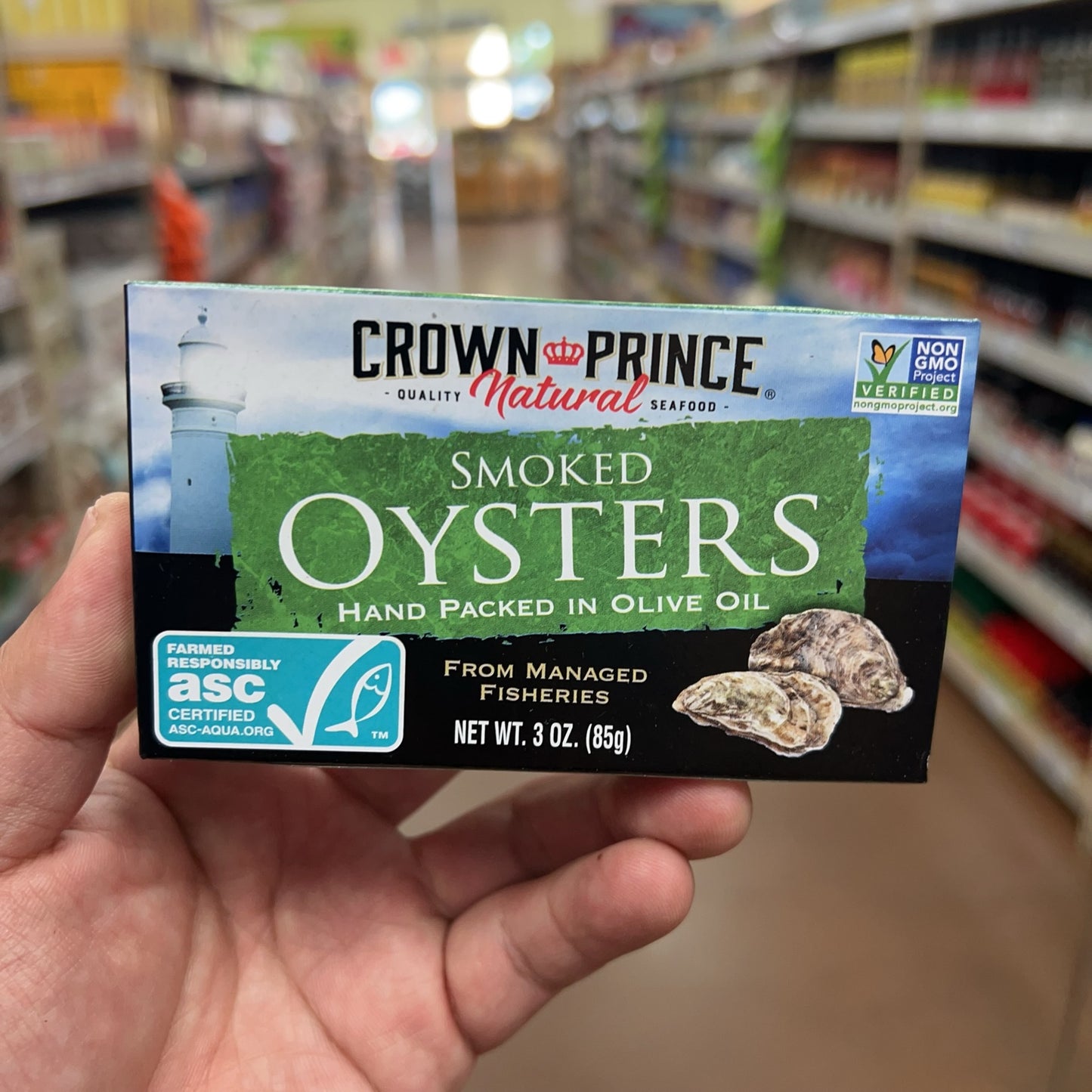 Crown Prince Natural Smoked Oysters hand packed in olive oil front package
