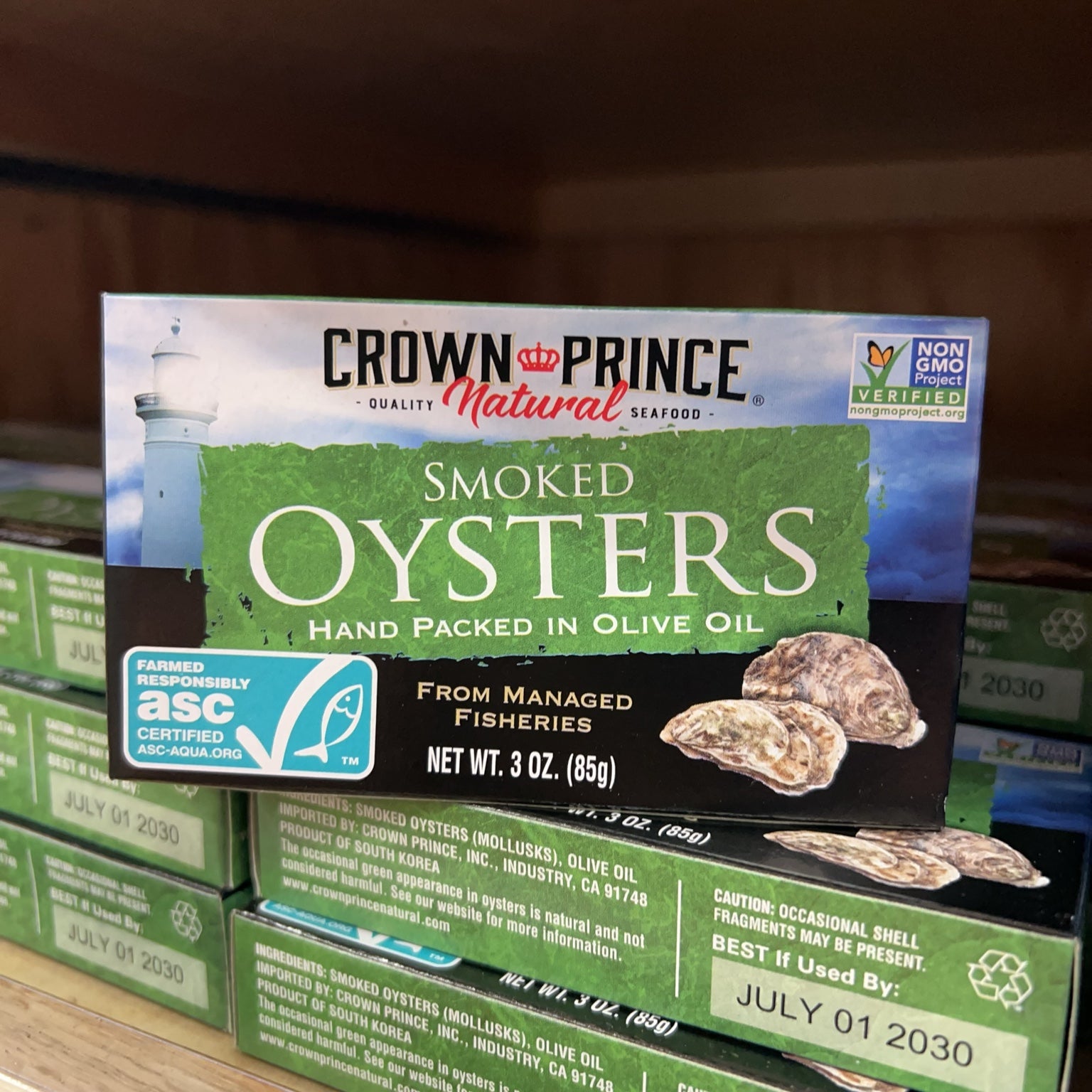 Crown Prince Natural Smoked Oysters package displayed on store shelf