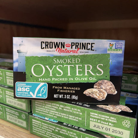 Crown Prince Natural Smoked Oysters package displayed on store shelf