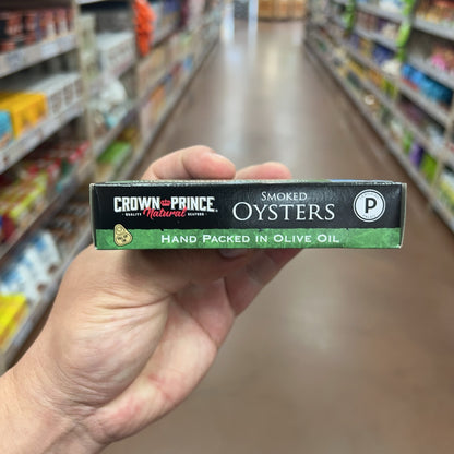 Crown Prince Natural Smoked Oysters side panel with hand packed in olive oil and paleo label