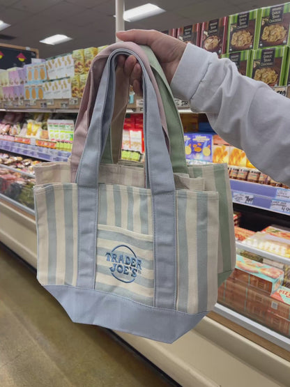 Trader Joe's Mini Pastel Striped Canvas Tote Bag Pastel Pink — Trader Joe's logo embroidery and front slip pocket detail
