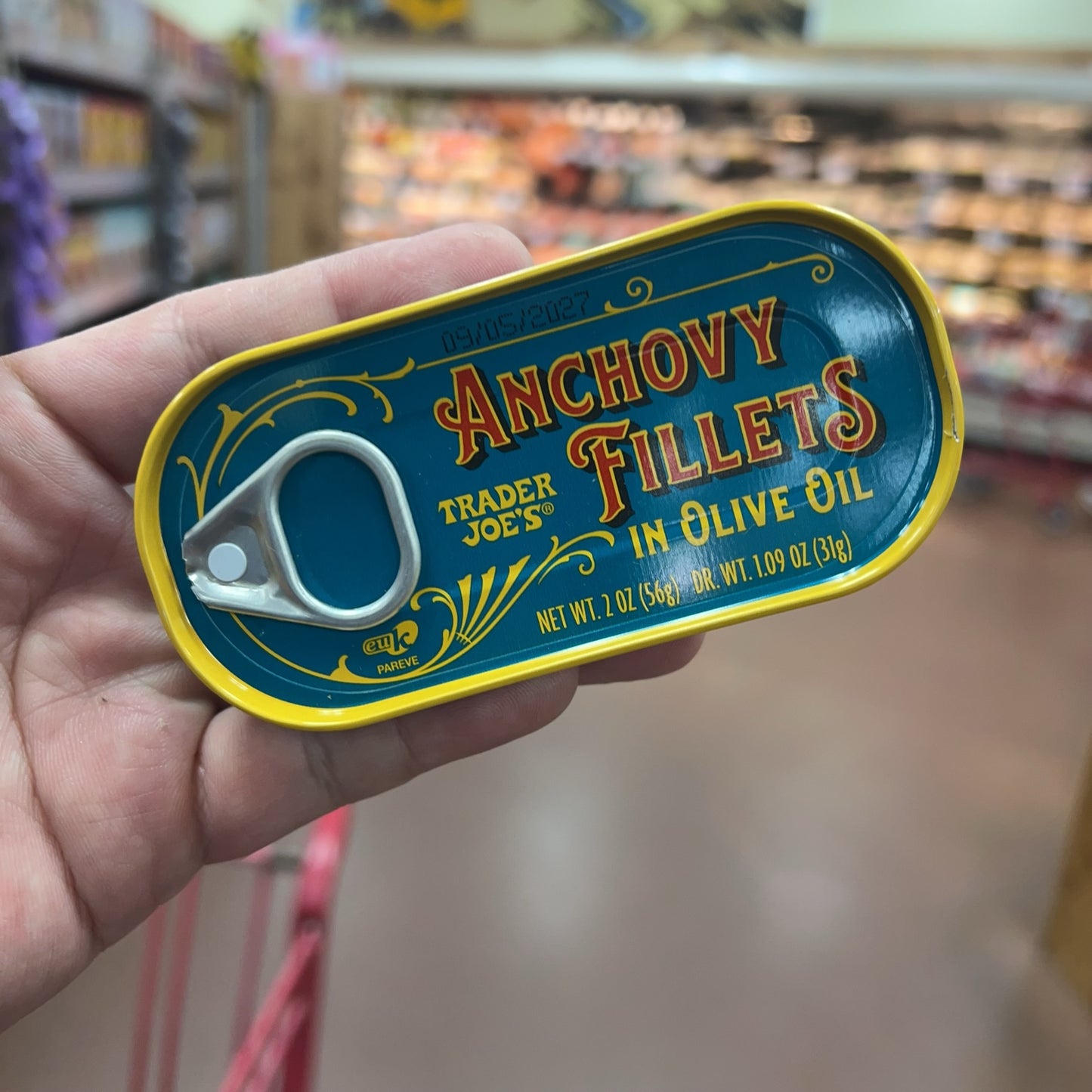 Trader Joe's Anchovy Fillets in Olive Oil tin angled view