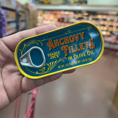 Trader Joe's Anchovy Fillets in Olive Oil tin angled view