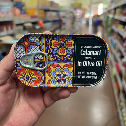 Trader Joe's Calamari Pieces in Olive Oil 3.91 oz tin front