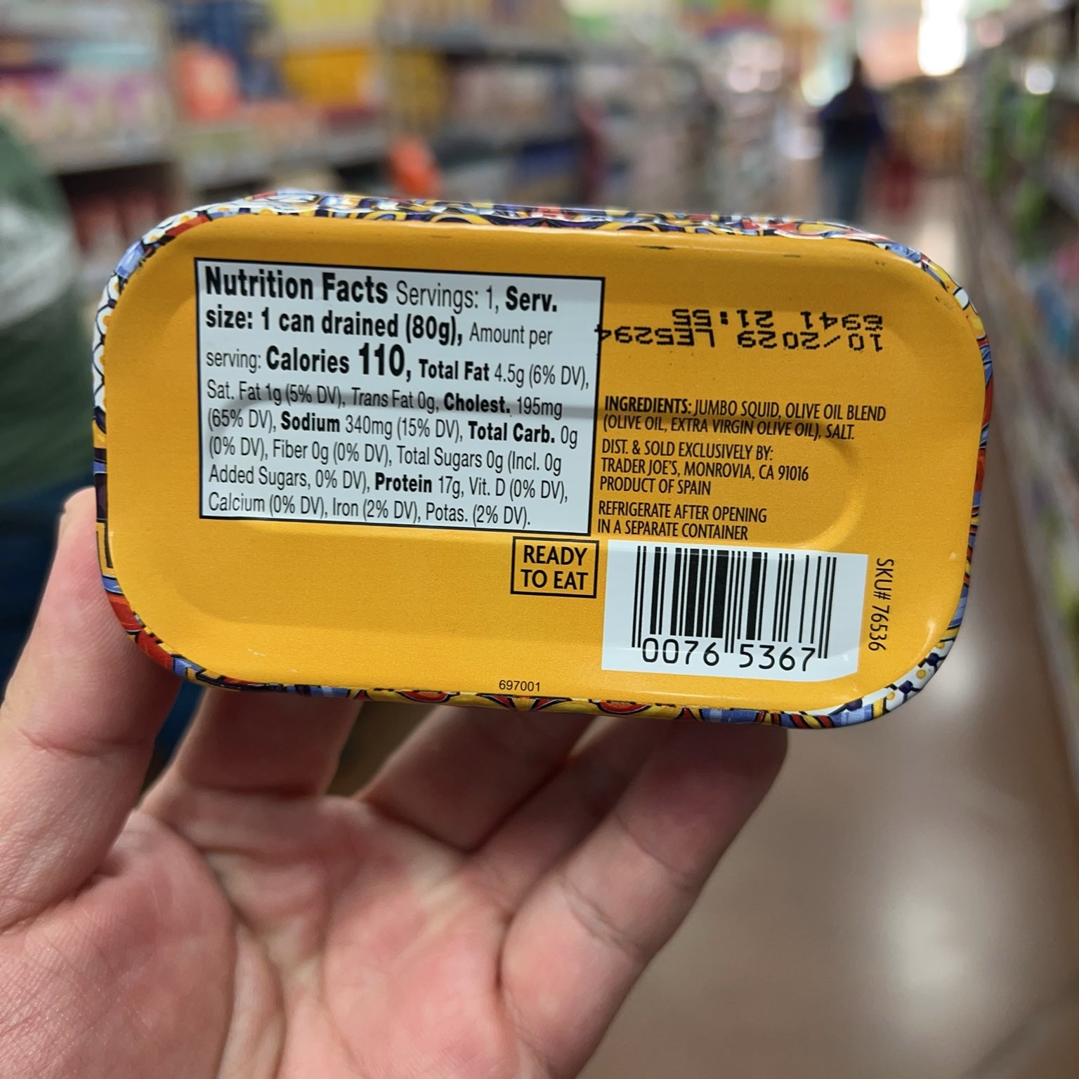 Trader Joe's Calamari Pieces in Olive Oil nutrition facts, ingredients, origin and barcode