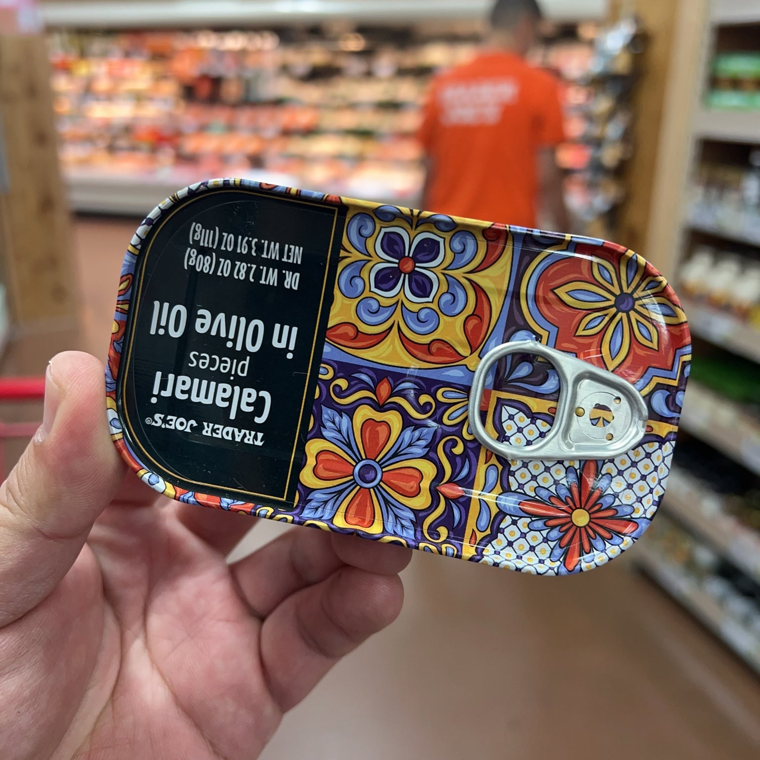 Trader Joe's Calamari Pieces in Olive Oil pull-tab tin top angle