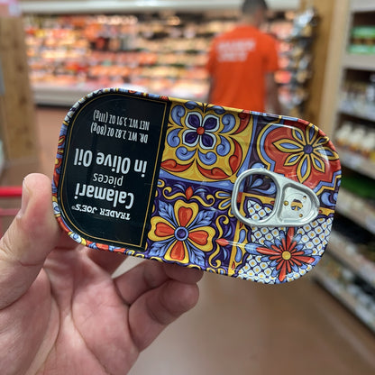 Trader Joe's Calamari Pieces in Olive Oil pull-tab tin top angle