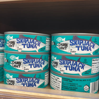 Trader Joe's Chunk Light Skipjack Tuna cans on store shelf