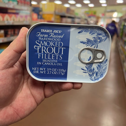Trader Joe's Farm Raised Hardwood Smoked Trout Fillets 3.9 oz tin front