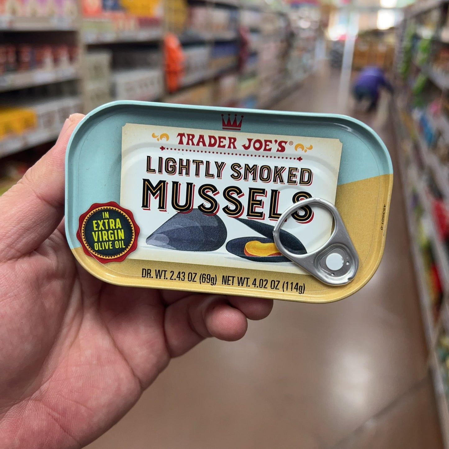 Trader Joe's Lightly Smoked Mussels in extra virgin olive oil 4.02 oz tin front
