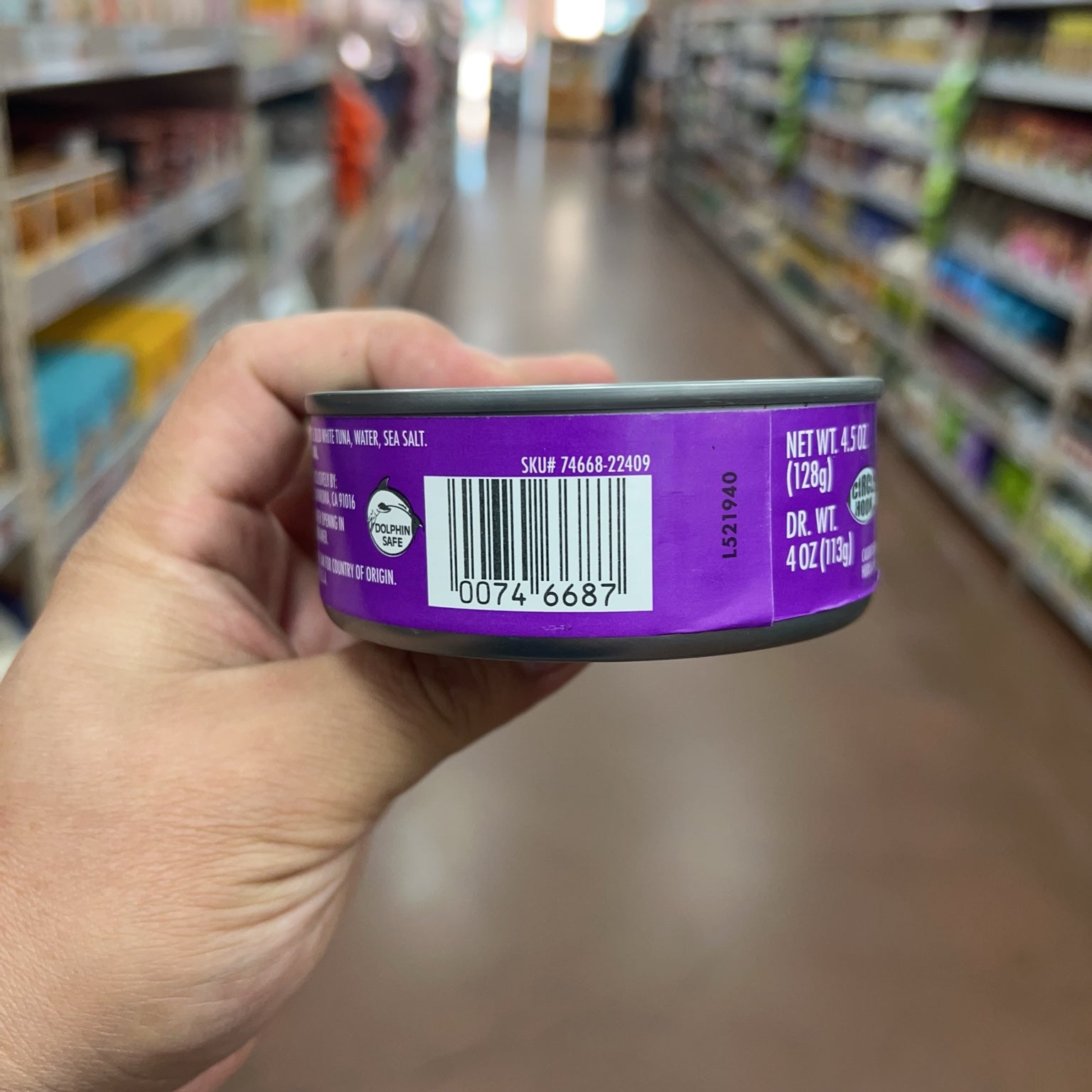Trader Joe's Solid White Albacore Tuna in Water SKU and barcode packaging detail