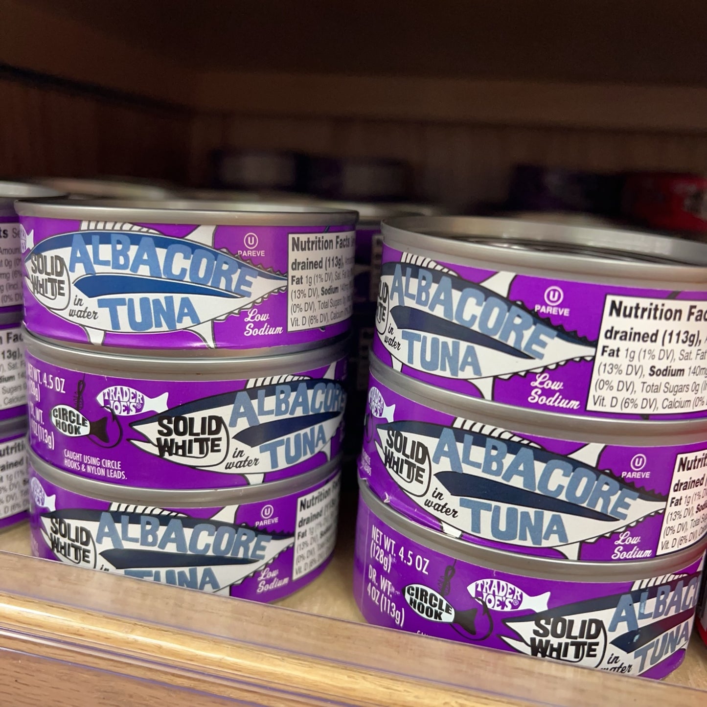 Trader Joe's Solid White Albacore Tuna in Water Low Sodium 4.5 oz cans on store shelf