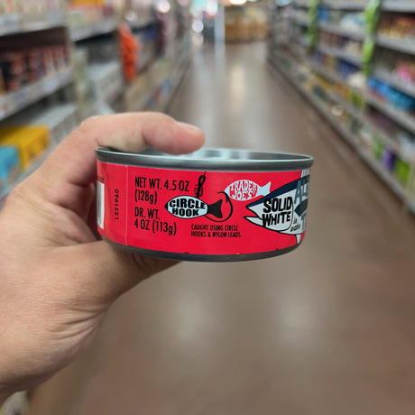 Trader Joe's No Salt Added Albacore Tuna showing net weight 4.5 oz and drained weight 4 oz