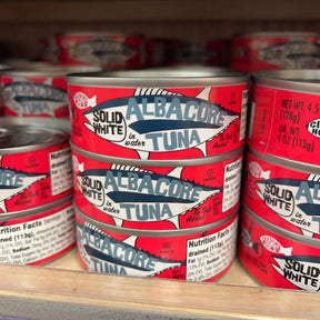 Trader Joe's Solid White Albacore Tuna in Water No Salt Added cans on store shelf