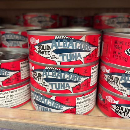 Trader Joe's Solid White Albacore Tuna in Water No Salt Added cans on store shelf