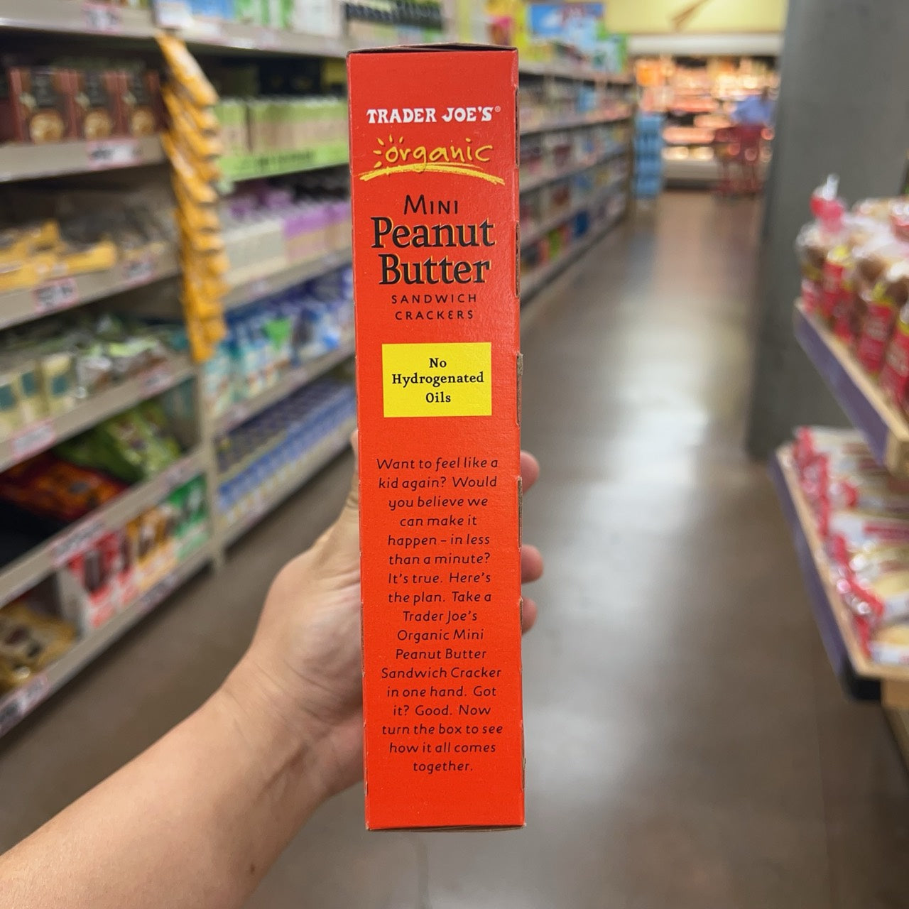 Side package stating no hydrogenated oils for Trader Joe's Organic Mini Peanut Butter Sandwich Crackers