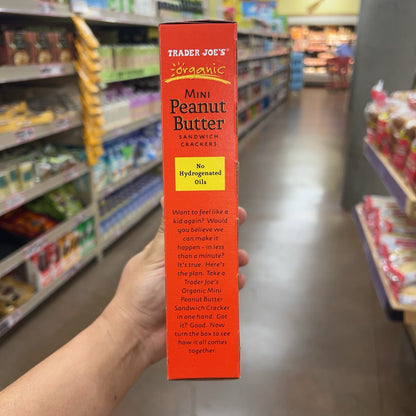 Side package stating no hydrogenated oils for Trader Joe's Organic Mini Peanut Butter Sandwich Crackers