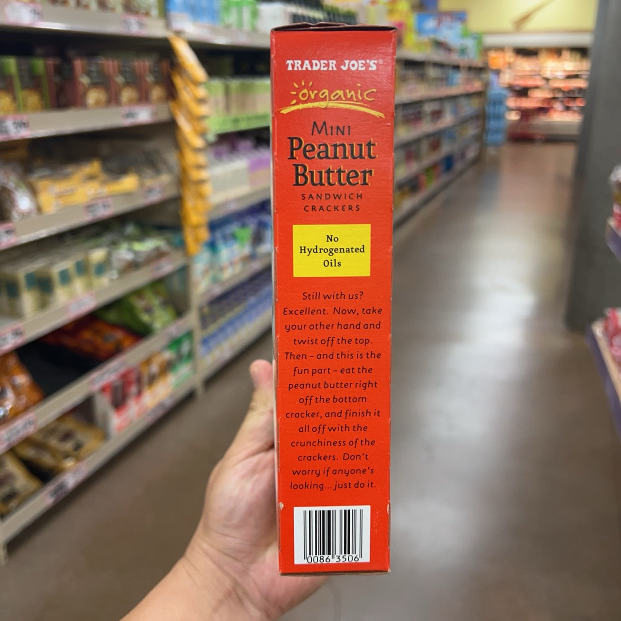 Side package and EAN-8 barcode for Trader Joe's Organic Mini Peanut Butter Sandwich Crackers