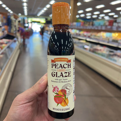 Trader Joe's Peach Flavored Glaze bottle front view in store aisle