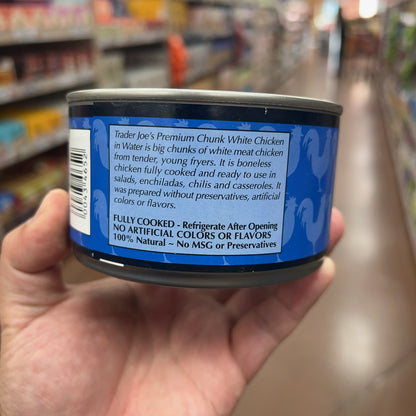 Trader Joe's Premium Chunk White Chicken fully cooked serving ideas and storage label