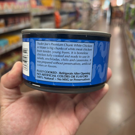 Trader Joe's Premium Chunk White Chicken fully cooked serving ideas and storage label