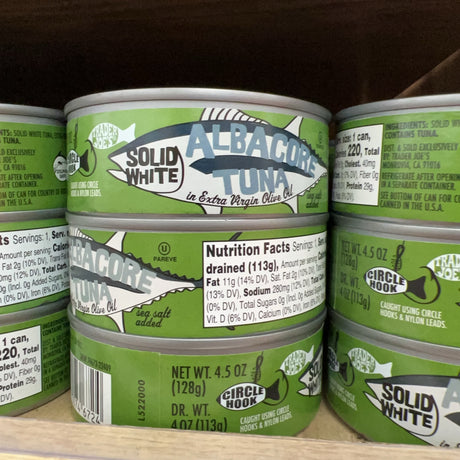 Net weight, drained weight and circle-hook caught label for Trader Joe's Solid White Albacore Tuna