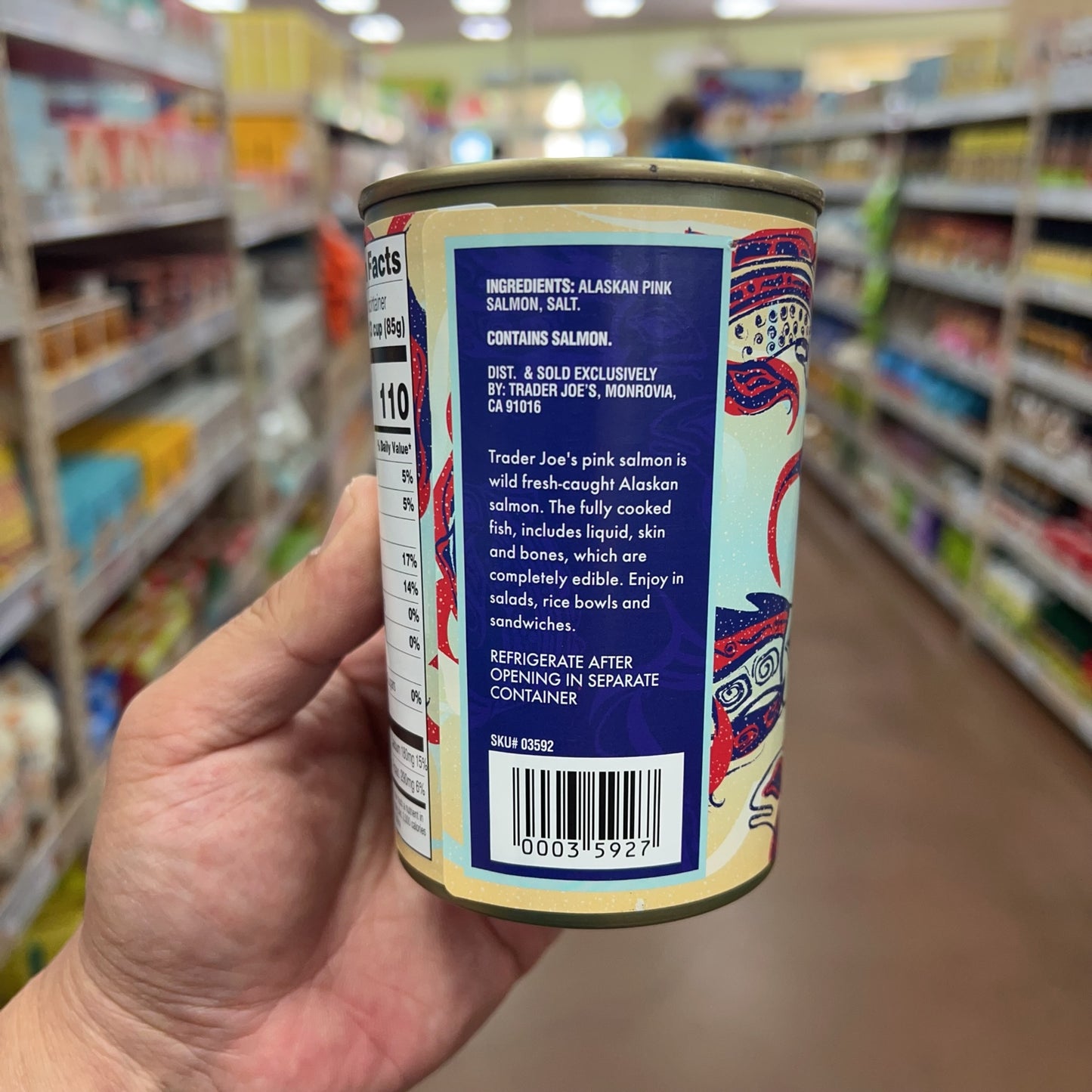 Ingredients, storage instructions, SKU and barcode for Trader Joe's Wild Alaskan Pink Salmon