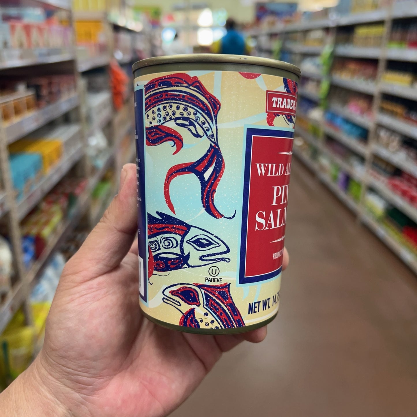 Trader Joe's Wild Alaskan Pink Salmon decorative can side and kosher mark