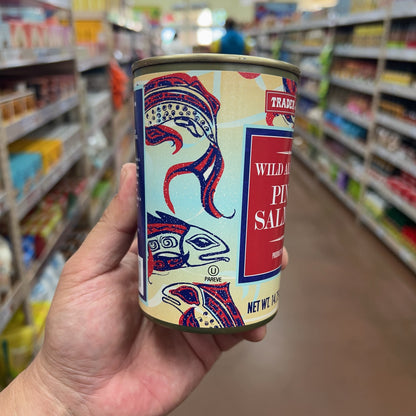 Trader Joe's Wild Alaskan Pink Salmon decorative can side and kosher mark