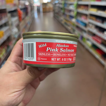 Trader Joe's Wild Alaskan Pink Salmon 6 oz side label with skinless boneless no salt added claims