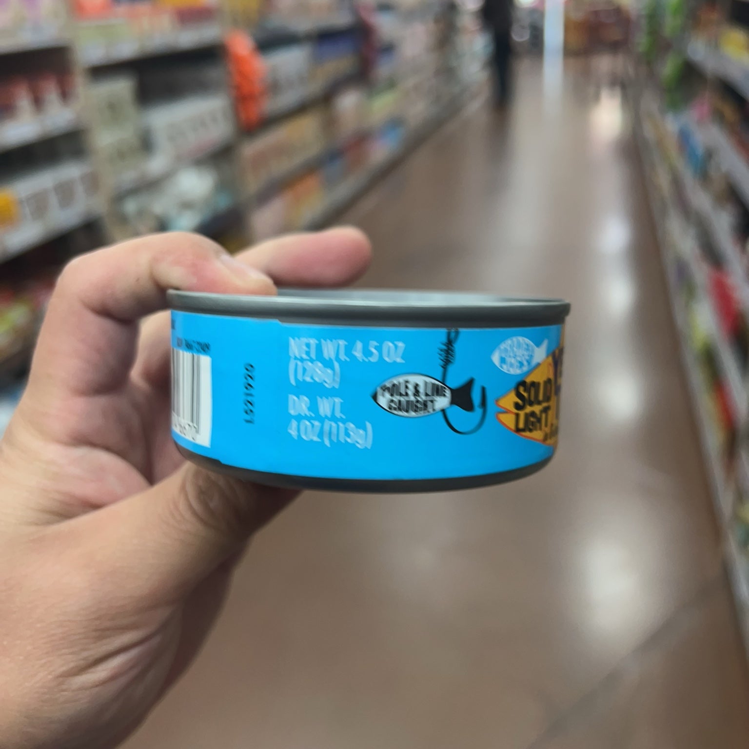 Trader Joe's Yellowfin Tuna net weight, drained weight and pole-and-line caught label
